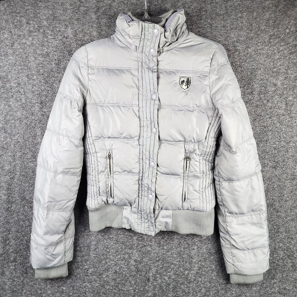 American Eagle Puffer Jacket Womens S Gray Quilted Full Zip Snap Winter EUC